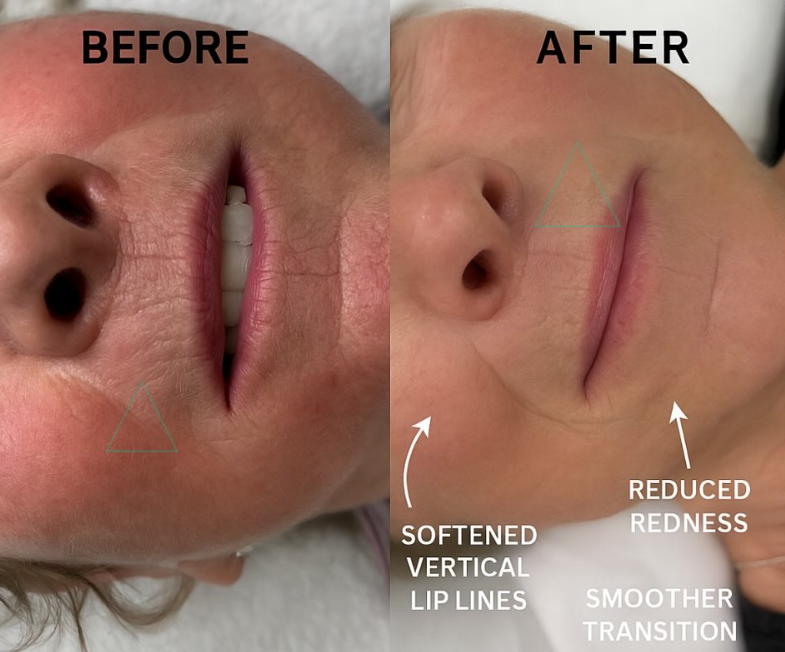 Before and after skin treatment showing softened fine lines and reduced redness